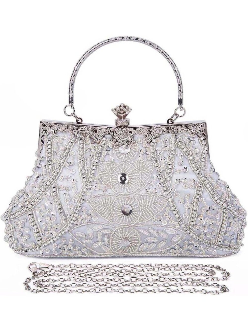 Women Silver Beaded Vintage Rhinestone Bridal Clutch Formal Purse Evening Bag